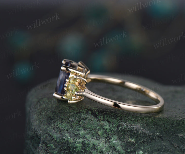 2ct oval cut Alexandrite ring vintage marquise peridot ring yellow gold unique engagement ring women gemstone wing ring promise ring her