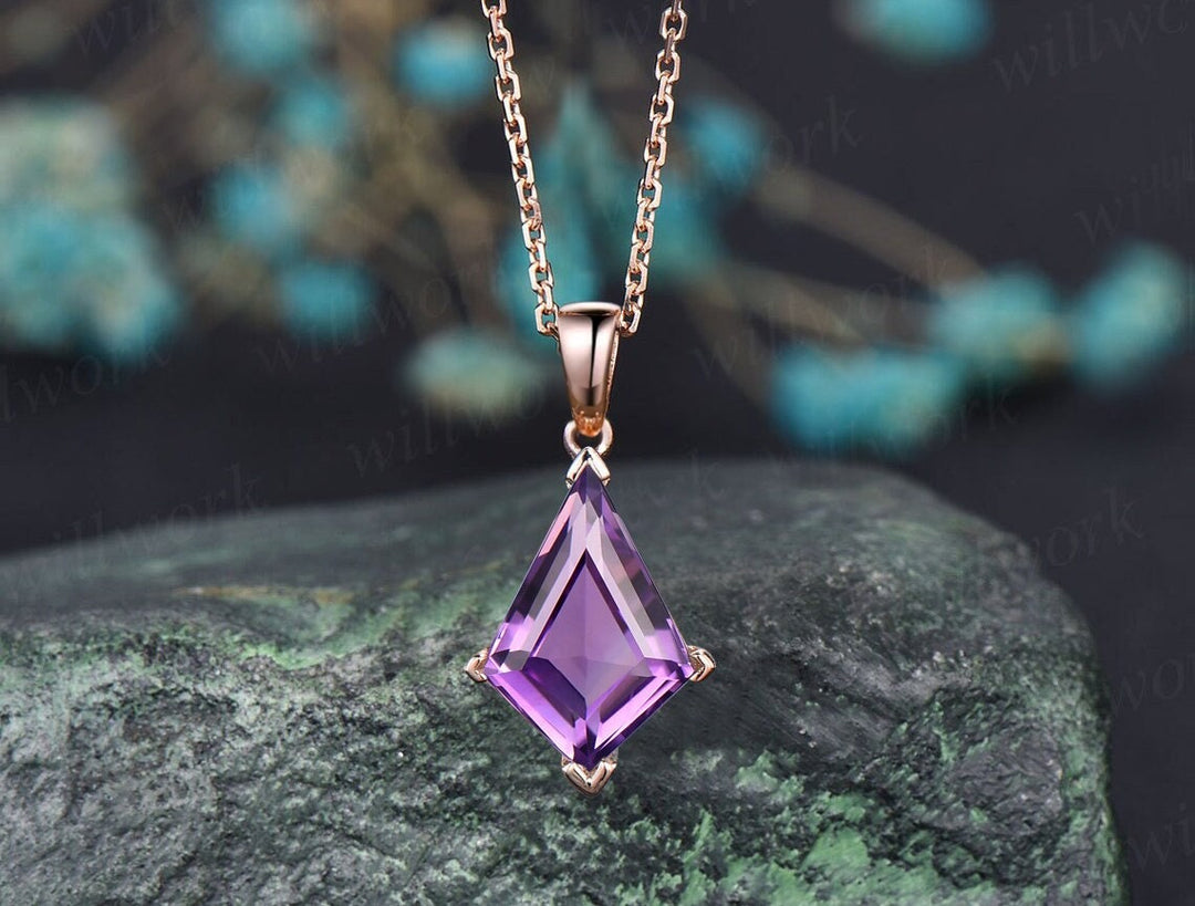 Kite natural Amethyst necklace solid 14k 18k rose gold vintage unique – WILLWORK JEWELRY