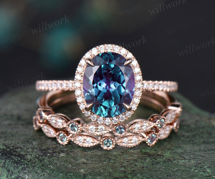 8x10mm oval Alexandrite engagement ring half eternity halo diamond ring women marquise Milgrain unique bridal wedding ring set fine jewelry