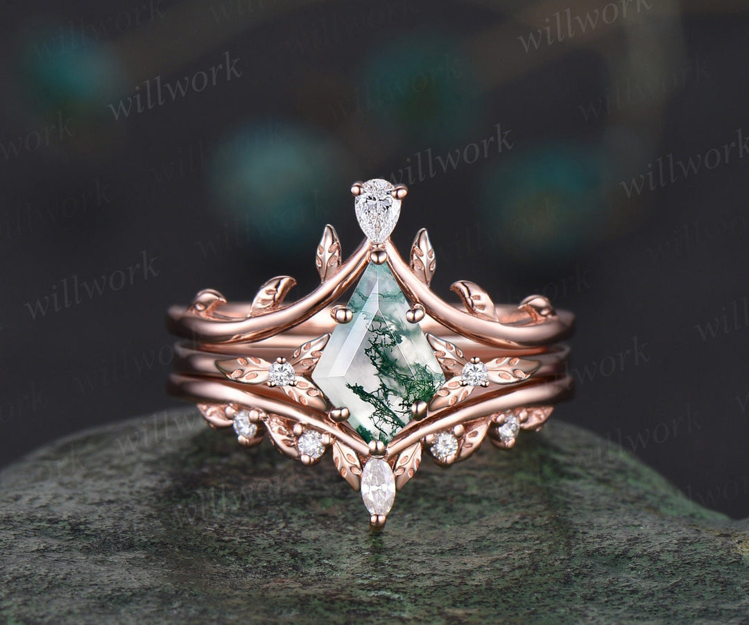 Kite cut moss agate ring vintage leaf diamond ring unique nature inspired engagement ring women rose gold wedding bridal ring set jewelry