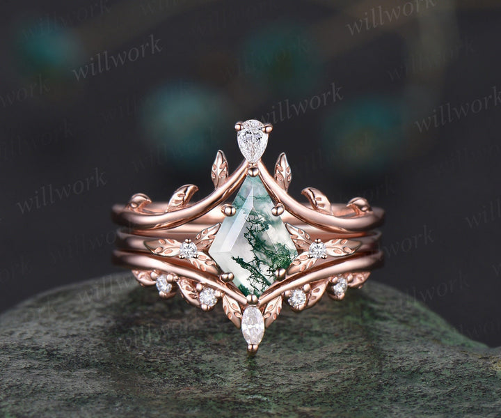 Kite cut moss agate ring vintage leaf diamond ring unique nature inspired engagement ring women rose gold wedding bridal ring set jewelry