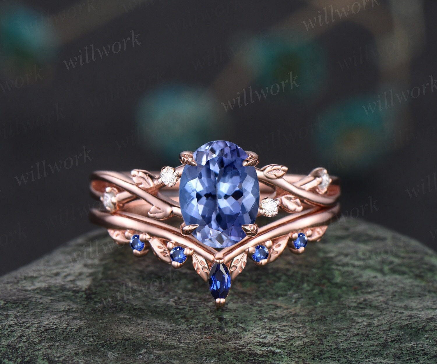 Quinn Ring with Round Tanzanite, SI Diamond | 1.31 carats Round Tanzanite  Three stone Ring in 14k White Gold | Diamondere