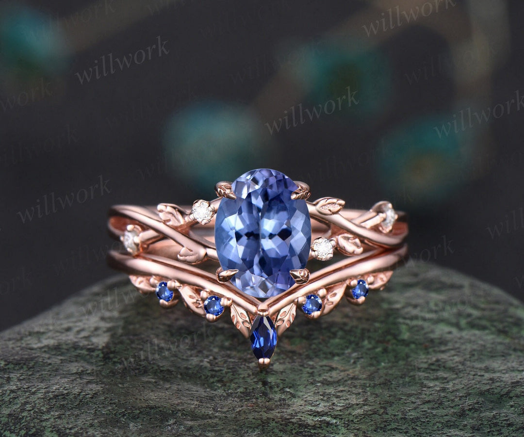 Vintage oval natural Tanzanite engagement ring art deco five stone leaf diamond ring 14k rose gold sapphire wedding ring band bridal set