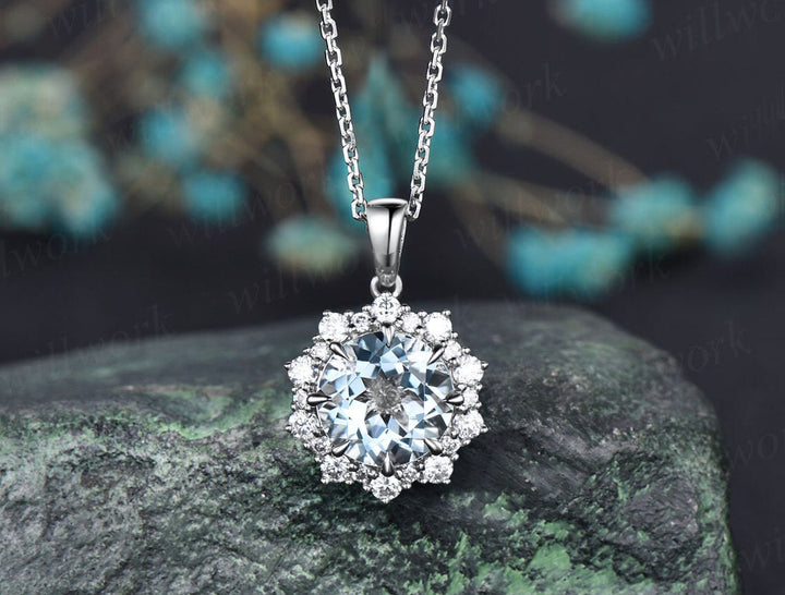 Round Aquamarine necklace vintage solid 14k 18k rose gold halo snowdrift diamond pendant March birthstone fine jewelry women her gift