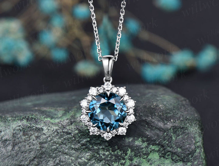 Round London blue topaz necklace vintage solid 14k 18k rose gold halo snowdrift diamond pendant November birthstone jewelry women her gift