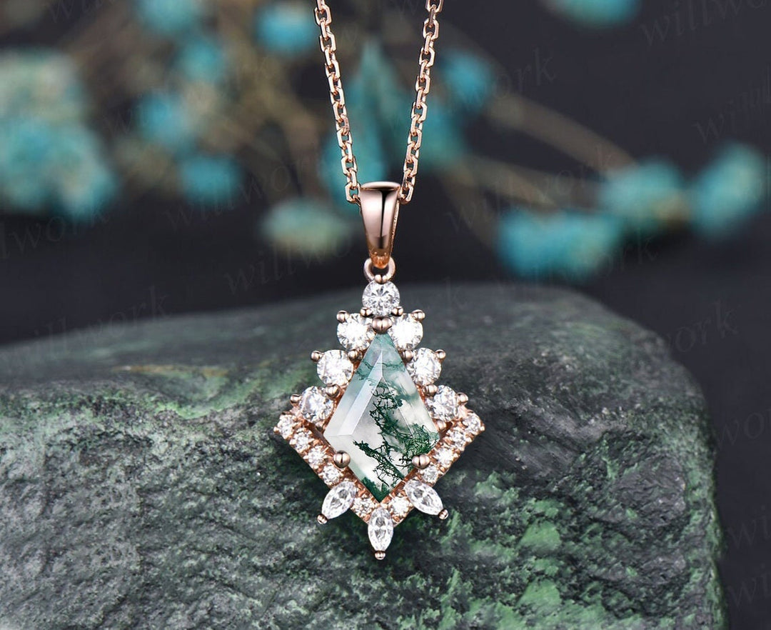 Kite natural moss agate necklace solid 14k 18k rose gold vintage unique halo diamond  pendant for women her anniversary bridal gift mother