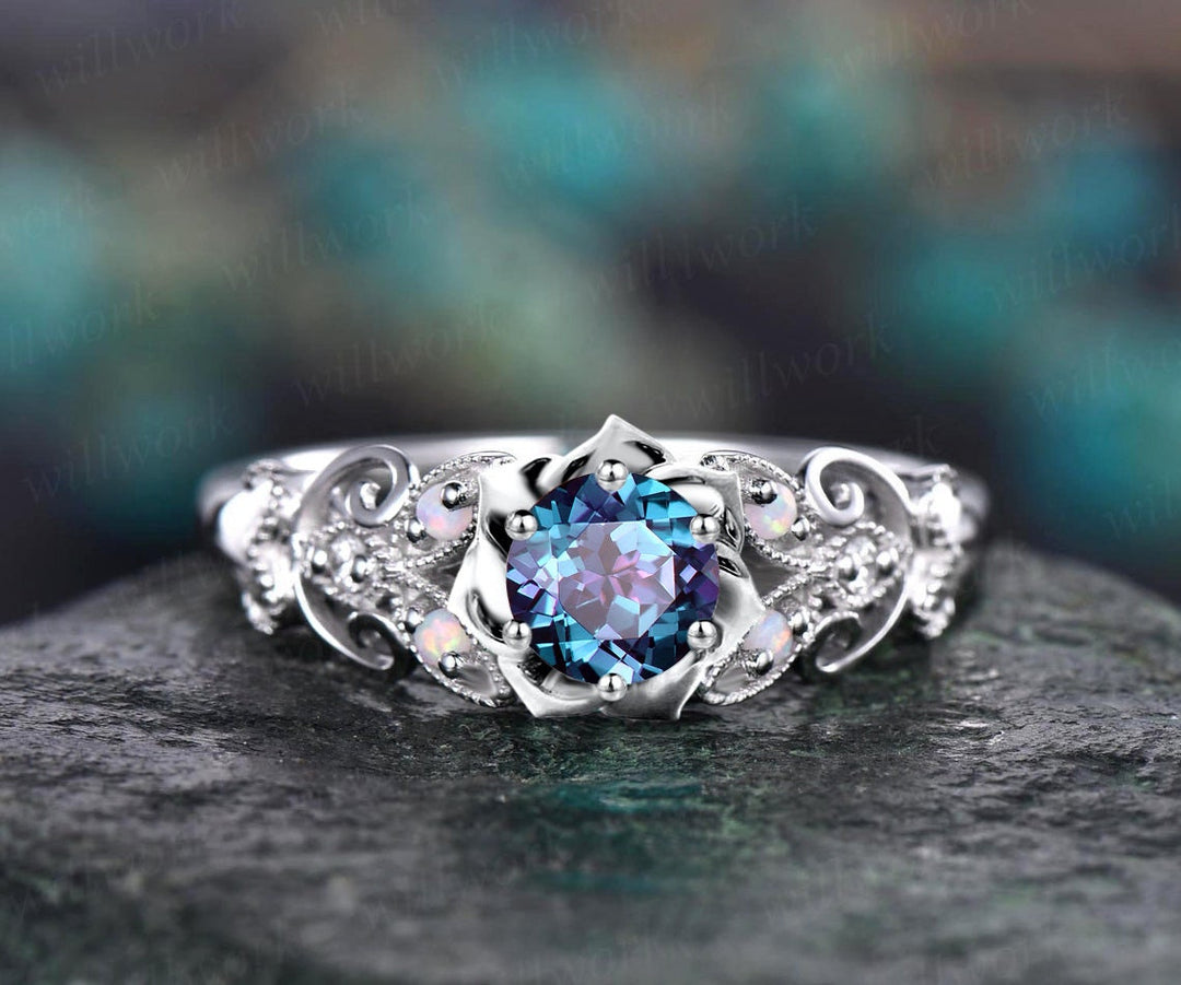 Round Alexandrite ring vintage rose gold butterfly floral engagement ring retro opal moissanite ring unique bridal wedding ring women gift
