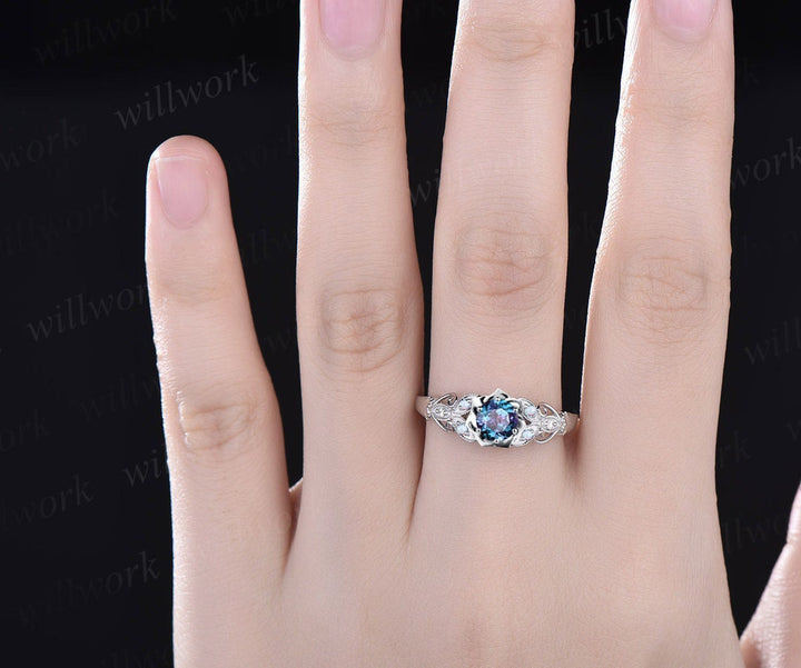 Round Alexandrite ring vintage rose gold butterfly floral engagement ring retro opal moissanite ring unique bridal wedding ring women gift