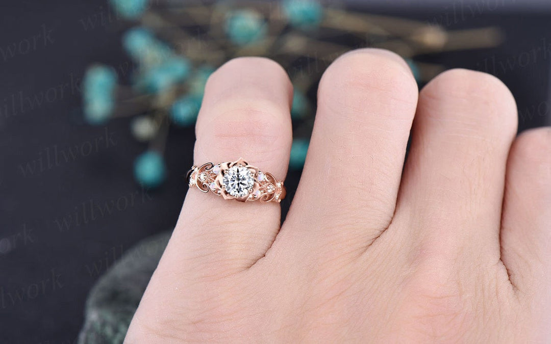 Vintage round moissanite engagement ring women rose gold art deco Milgrain butterfly floral opal ring unique wedding anniversary ring gift