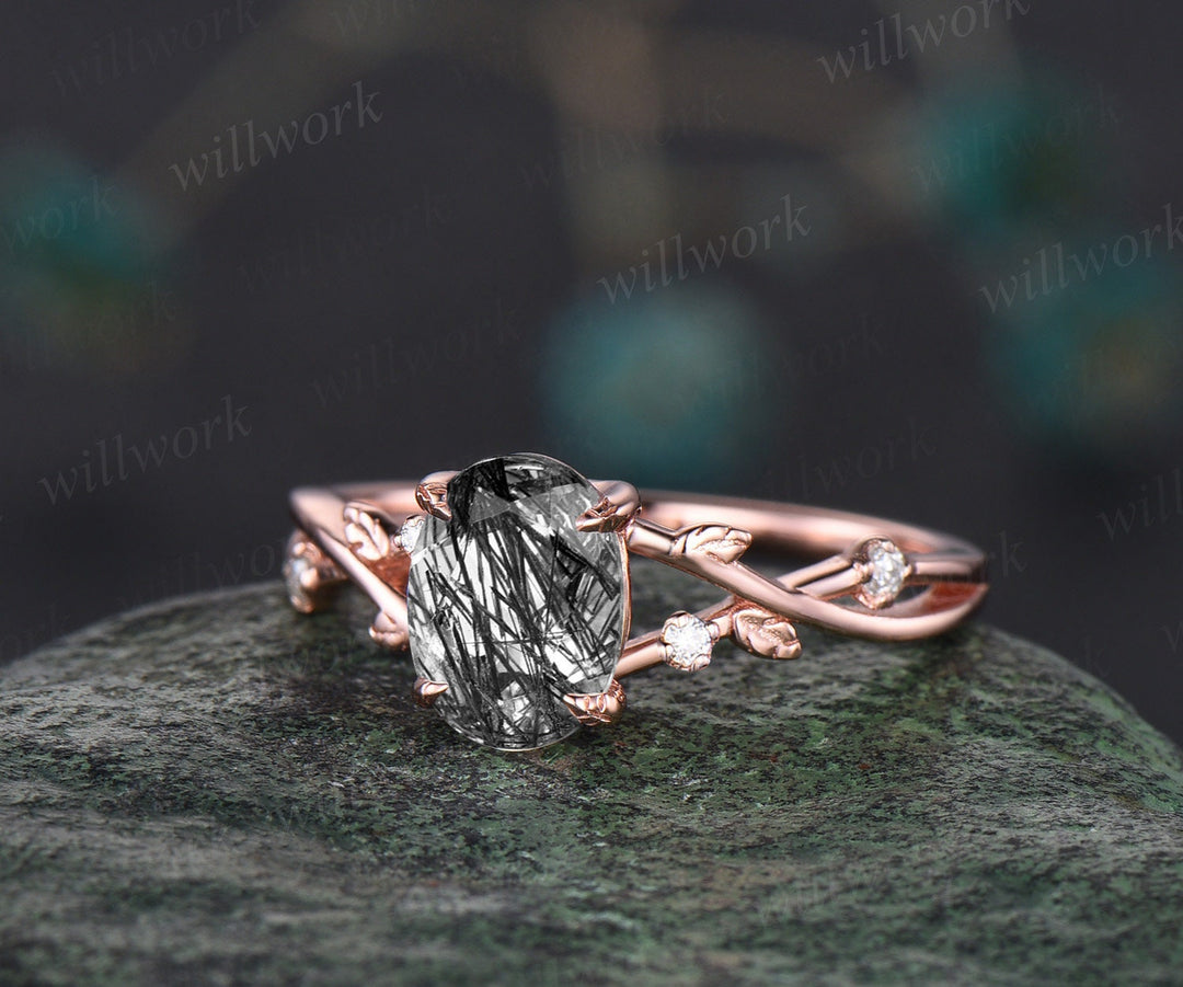 Vintage oval black rutilated quartz engagement ring five stone leaf moissanite ring 14k rose gold black spinel wedding ring band bridal set