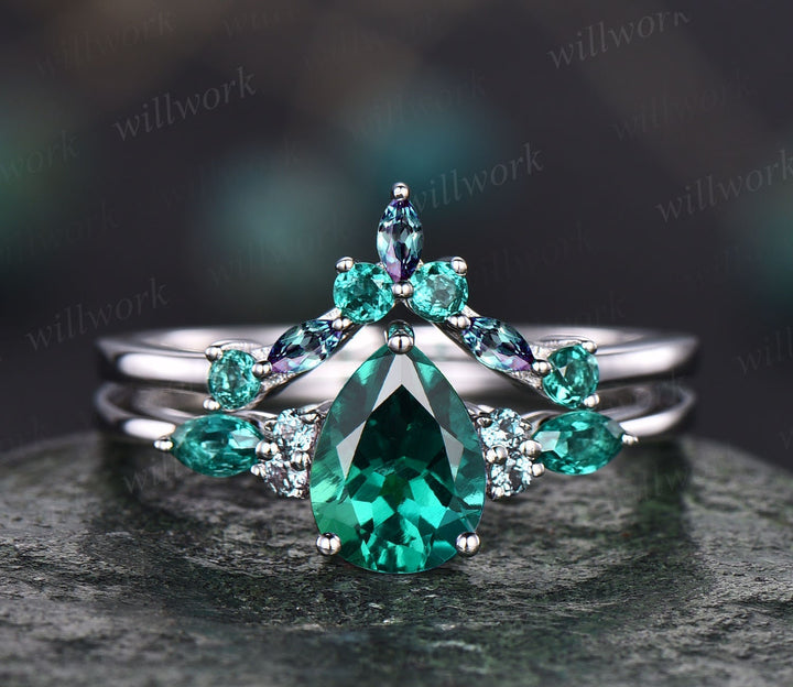 Vintage pear shaped emerald engagement ring rose gold marquise alexandrite ring green gemstone ring art deco unique wedding ring set women