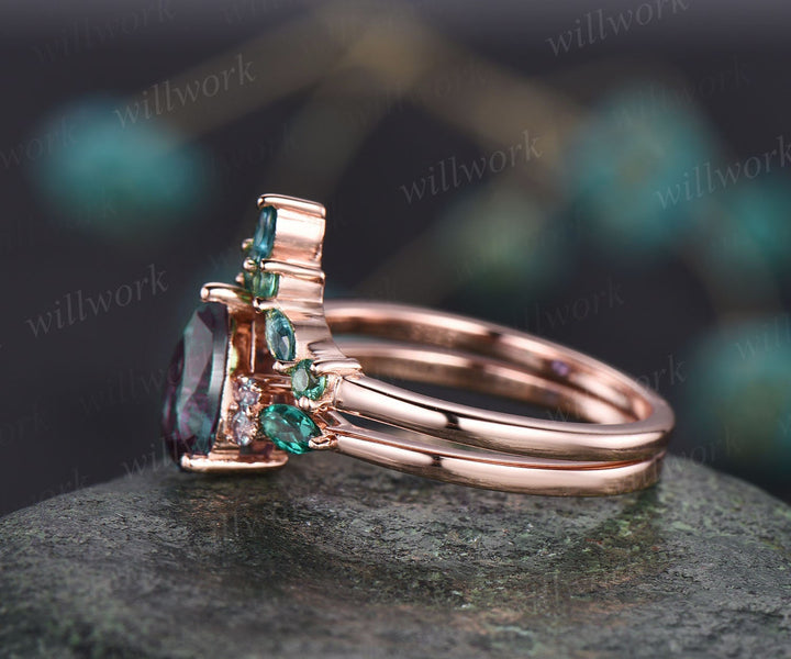 Vintage pear moss agate engagement ring 14k rose gold marquise alexandrite ring green gemstone ring art deco unique wedding ring set women