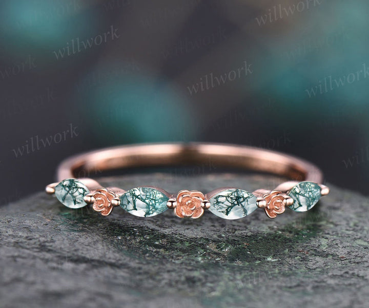 Floral marquise cut moss agate wedding band solid 14k rose gold vintage half eternity crystal ring women retro flower anniversary ring gift