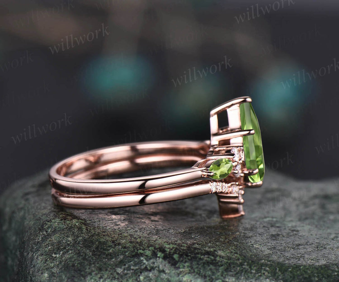 Vintage kite cut green peridot engagement ring set 14k rose gold marquise cut peridot ring for women unique promise bridal wedding ring set