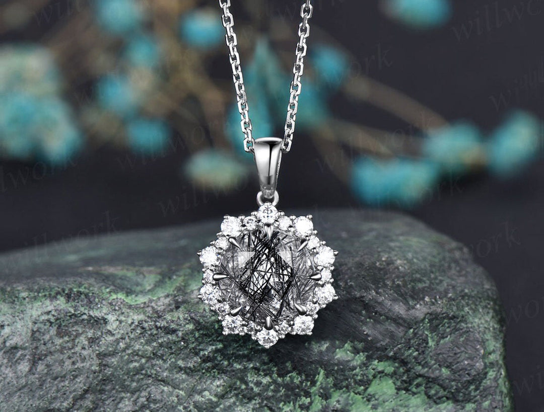 Round black rutilated quartz necklace solid 14k 18k gold vintage unique halo snowdrift diamond pendant women gemstone anniversary gift