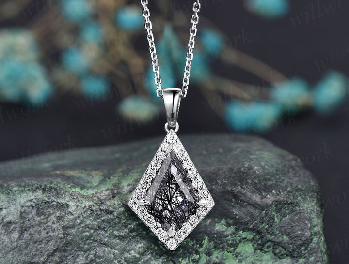 Vintage kite natural black rutilated quartz necklace solid 14k rose gold halo diamond pendant women dainty unique anniversary gift mother
