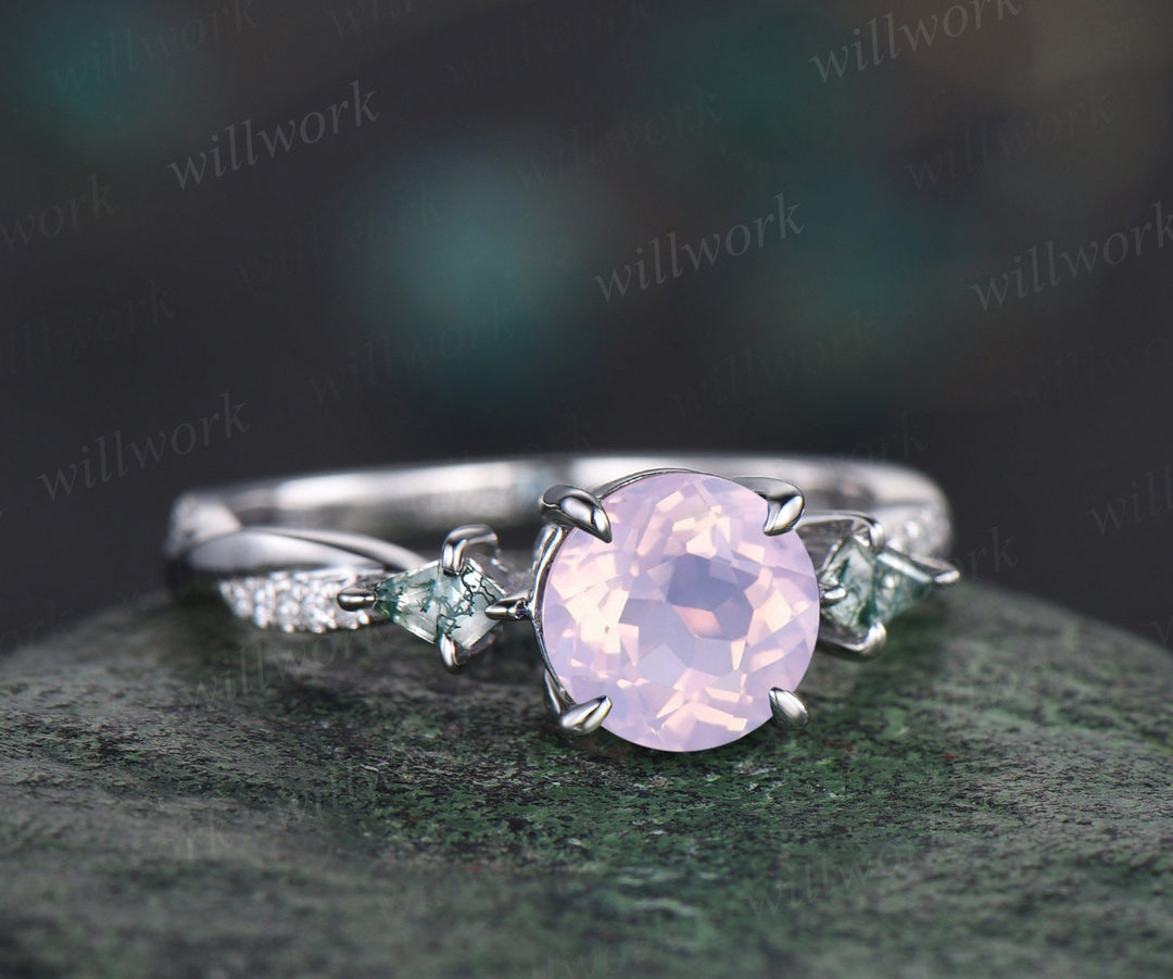 Vintage round Lavender Amethyst engagement ring twisted diamond ring solid 14k white gold antique eternity unique bridal wedding ring women