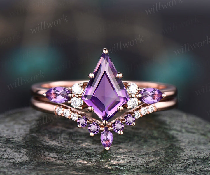 Vintage kite cut amethyst engagement ring art deco rose gold moissanite ring 6 prong bridal wedding ring set women gemstone crystal ring