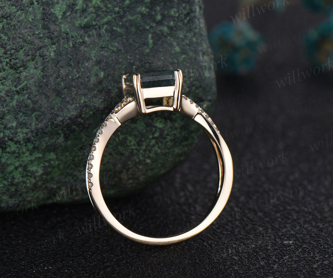 Vintage emerald cut natural Aquamarine engagement ring solid 14k yellow gold eternity infinity Twisted diamond wedding bridal ring women