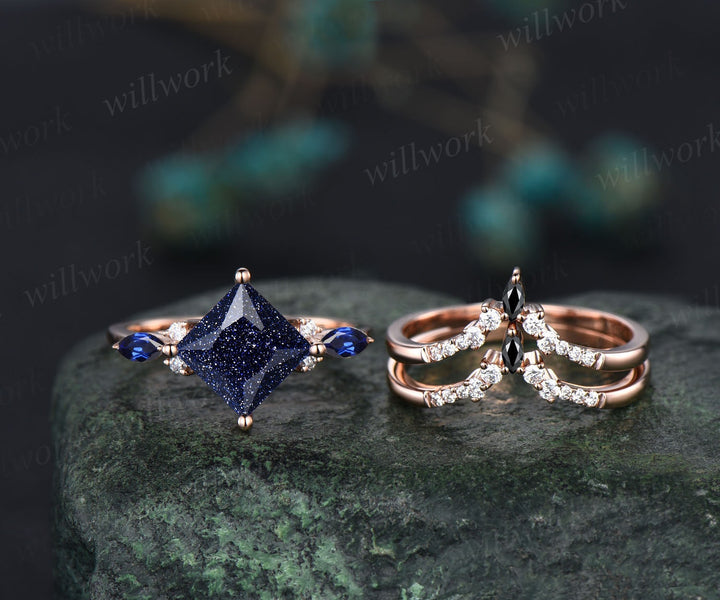 Vintage princess cut blue sandstone engagement ring 14k rose gold stacking sapphire moissanite wedding bridal ring set women anniversary gift