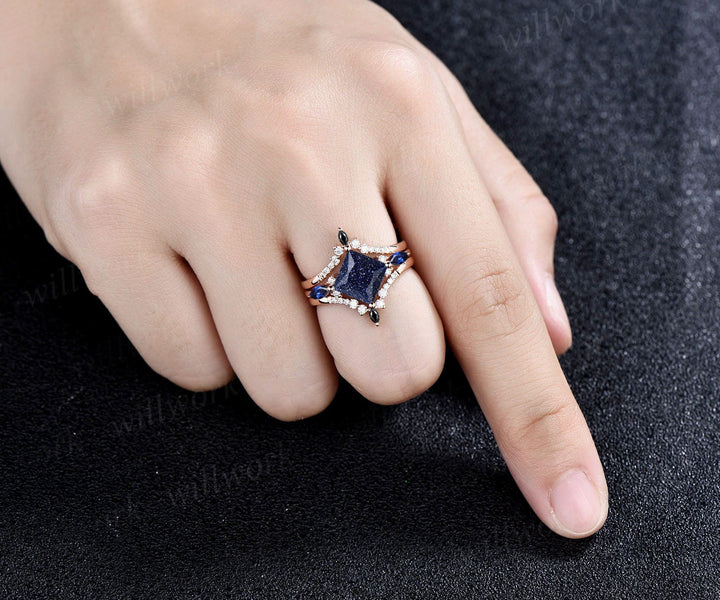 Vintage princess cut blue sandstone engagement ring 14k ose gold stacking sapphire moissanite wedding bridal ring set women anniversary gift