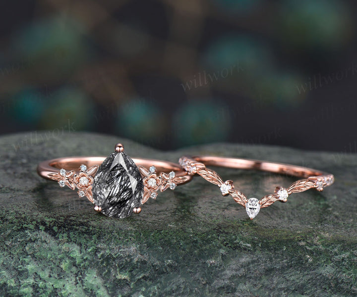 Vintage pear black rutilated quartz engagement ring rose gold twig leaf floral antique unique diamond bridal wedding ring set women gift