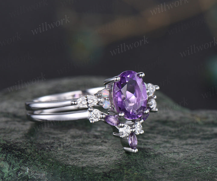 Vintage oval cut amethyst engagement ring white gold opal ring silver moissanite promise wedding bridal ring set women purple gemstone gift