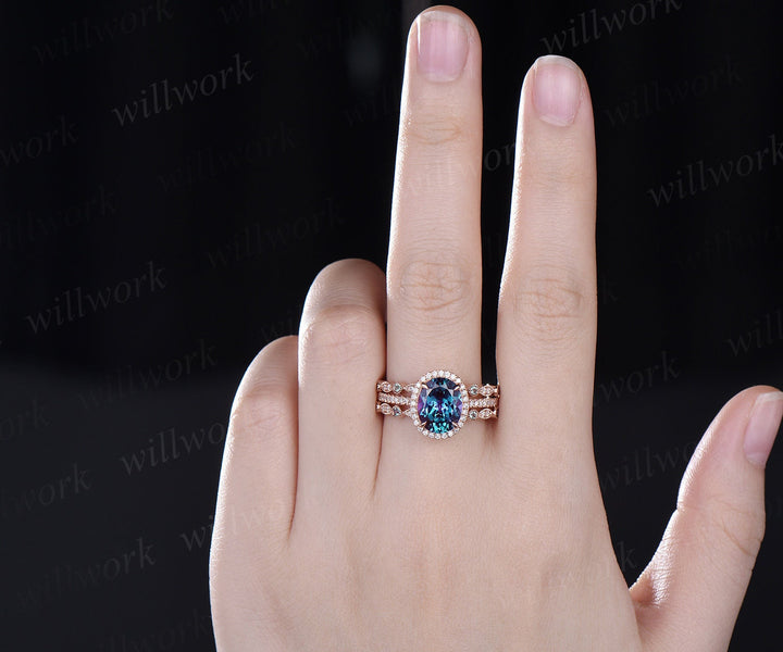 8x10mm oval Alexandrite engagement ring half eternity halo diamond ring women marquise Milgrain unique bridal wedding ring set fine jewelry