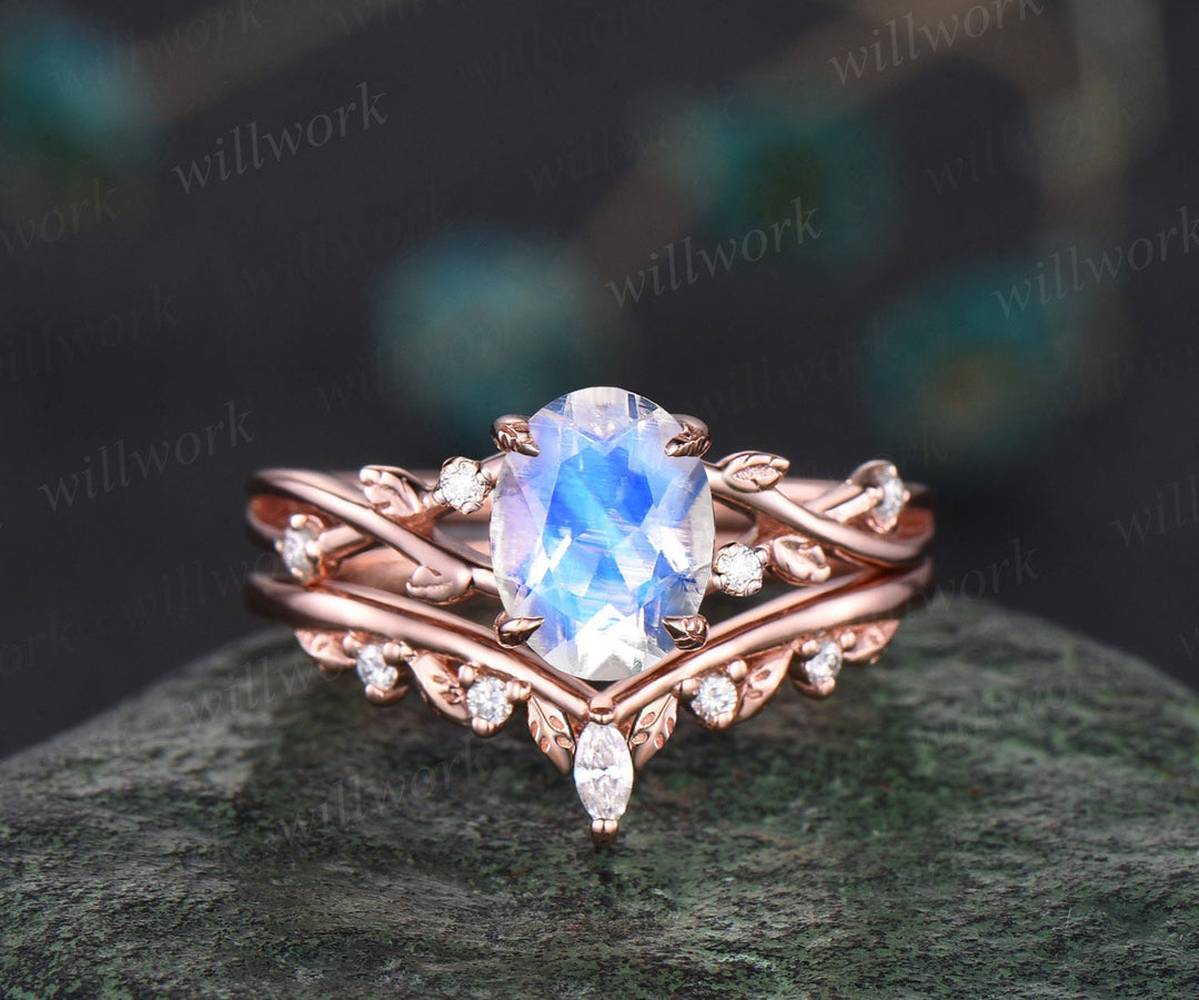 Oval moonstone ring vintage twisted leaf nature inspired engagement ring women five stone diamond anniversary bridal wedding ring set gift