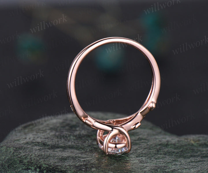 Vintage oval natural Tanzanite engagement ring art deco five stone leaf diamond ring 14k rose gold sapphire wedding ring band bridal set