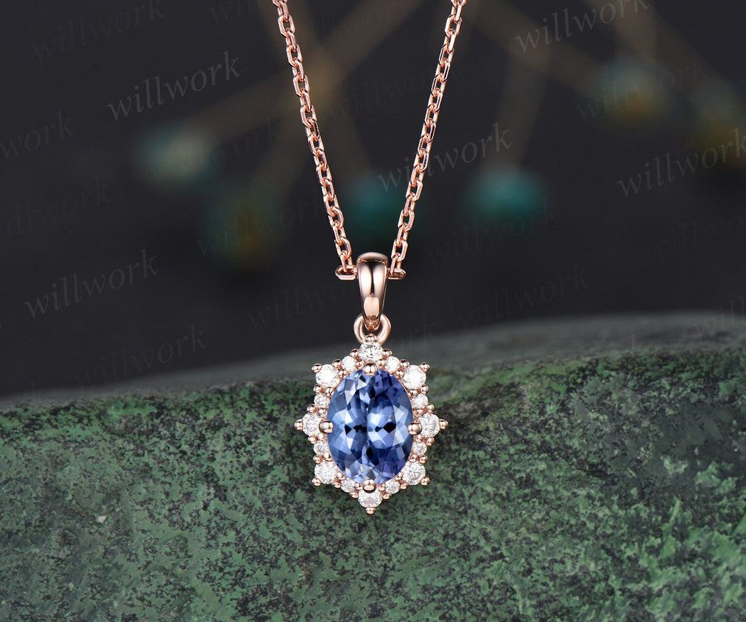Vintage oval blue Tanzanite necklace solid 14k 18k gold unique halo snowdrift diamond pendant women black stone anniversary gift jewelry