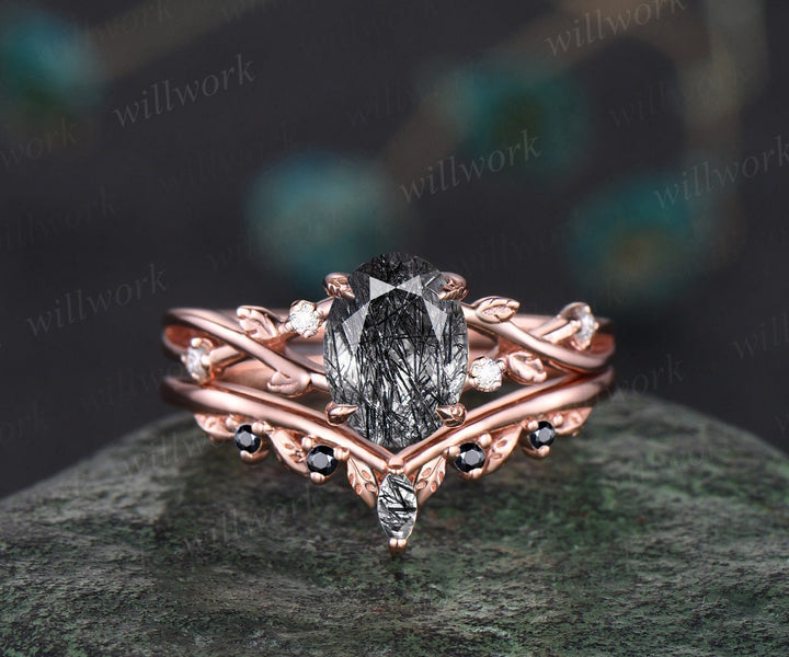 Vintage oval black rutilated quartz engagement ring five stone leaf moissanite ring 14k rose gold black spinel wedding ring band bridal set