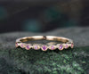 Milgrain bezel natural pink sapphire wedding band solid 14k yellow gold vintage art deco half eternity dainty wedding ring band women gift