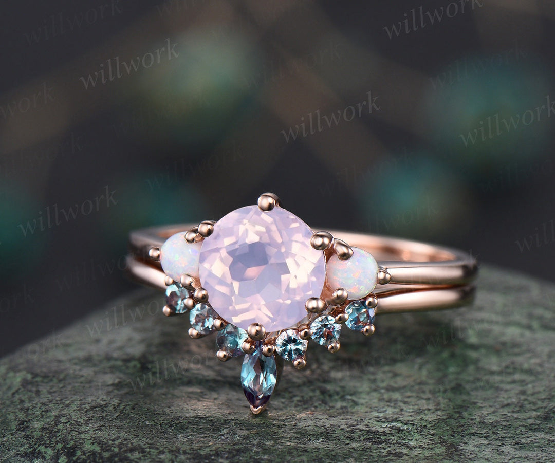 Vintage round Lavender Amethyst engagement ring set rose gold three stone opal ring women alexandrite wedding ring set gemstone crystal ring