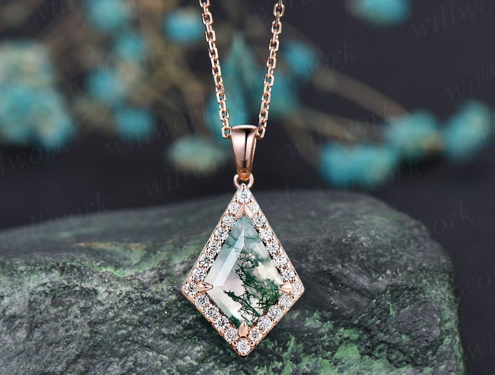 Vintage kite natural moss agate necklace solid 14k 18k rose gold halo diamond pendant women dainty unique anniversary gift mother jewelry