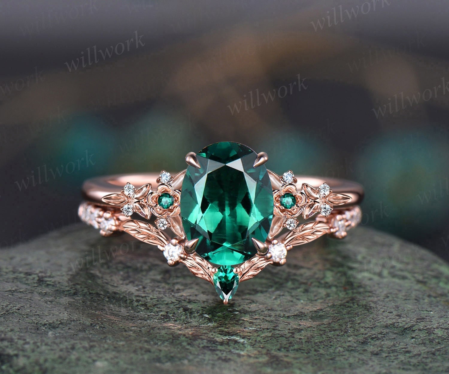 Vintage oval green emerald engagement ring 14k rose gold twig leaf floral  antique unique cluster diamond bridal wedding ring set women gift