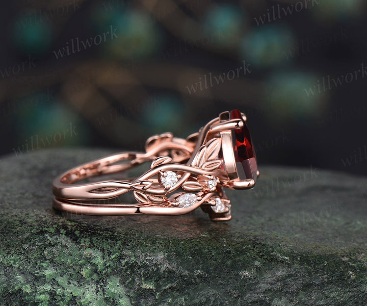 Vintage pear red garnet engagement ring set five stone leaf branch Nature inspired diamond bridal ring set women rose gold gemstone gift