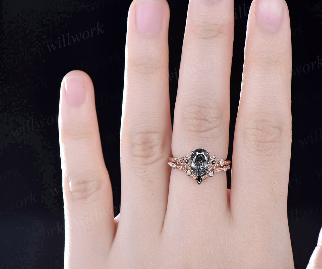 Vintage oval black rutilated quartz engagement ring leaf nature inspired black spinel diamond ring women art deco bridal promise ring set