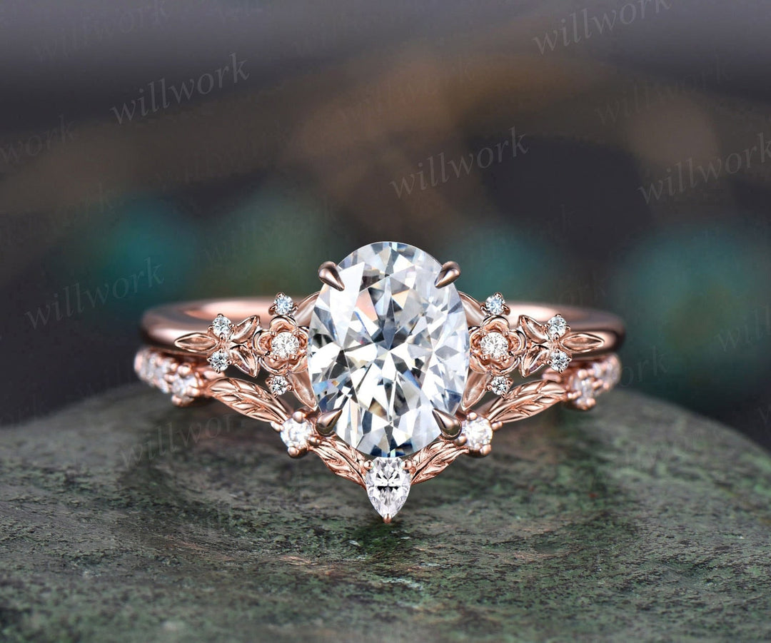 Oval cut moissanite ring vintage rose gold leaf floral nature inspired engagement ring women art deco cluster diamond bridal ring set gift