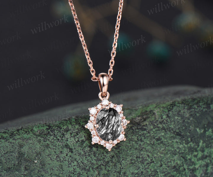 Vintage oval black rutilated quartz necklace solid 14k 18k gold unique halo snowdrift diamond pendant women black stone anniversary gift