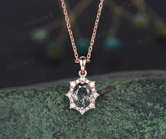 Vintage oval black rutilated quartz necklace solid 14k 18k gold unique halo snowdrift diamond pendant women black stone anniversary gift