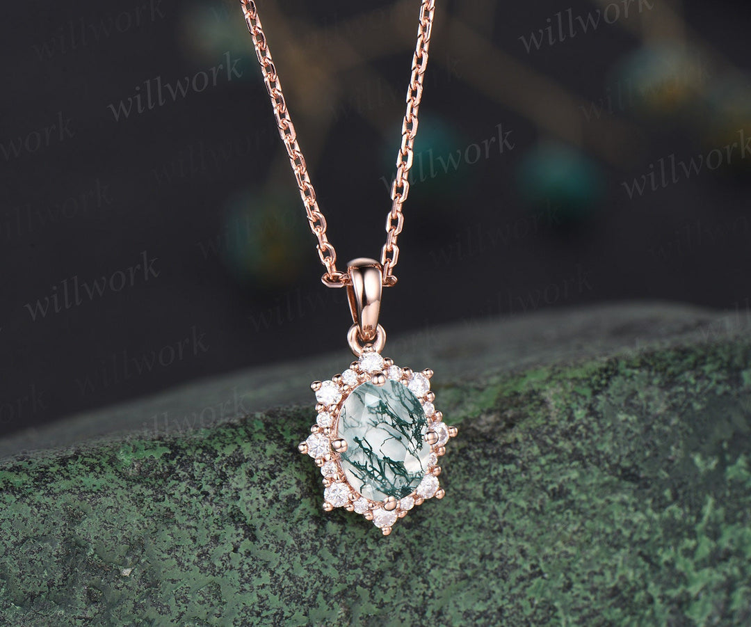 Vintage oval green moss agate necklace solid 14k 18k gold unique halo snowdrift diamond pendant women black stone anniversary gift jewelry