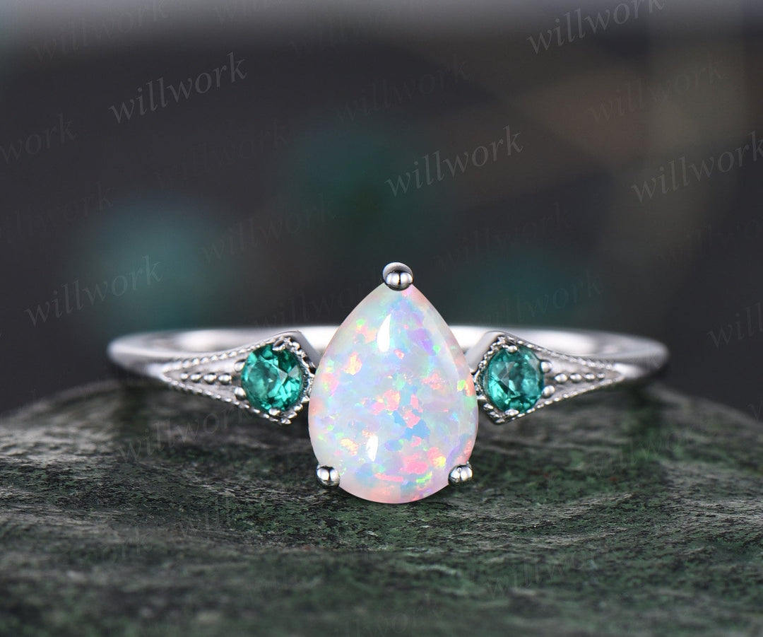 Vintage pear white opal engagement ring whtie gold Milgrain leaf three stone emerald wedding ring band women antique promise ring set