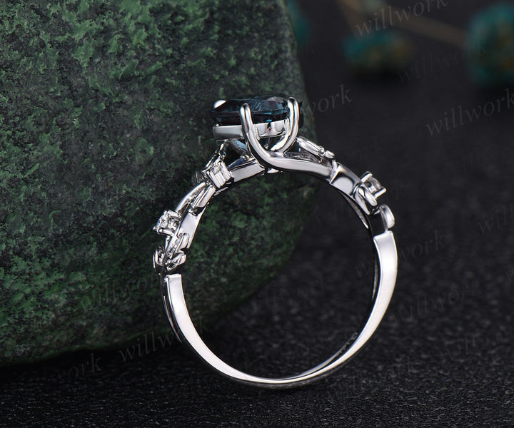 Princess cut Alexandrite engagement ring set 14k white gold five stone leaf branch Nature inspired ring diamond bridal ring set women gift