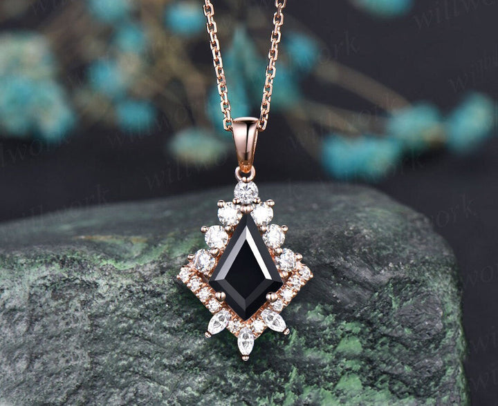 Kite cut black Onyx necklace solid 14k 18k rose gold vintage unique halo diamond  pendant for women her art deco anniversary gift mother