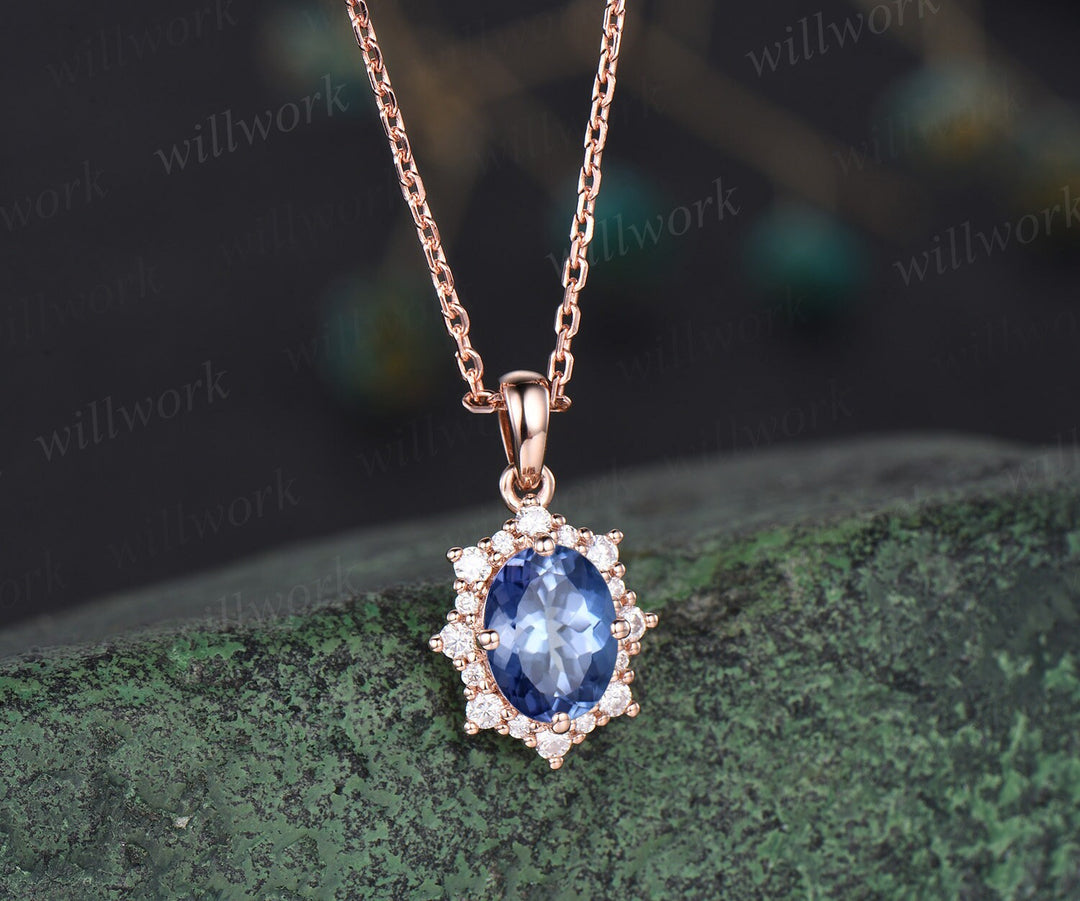 Vintage oval blue Tanzanite necklace solid 14k 18k gold unique halo snowdrift diamond pendant women black stone anniversary gift jewelry