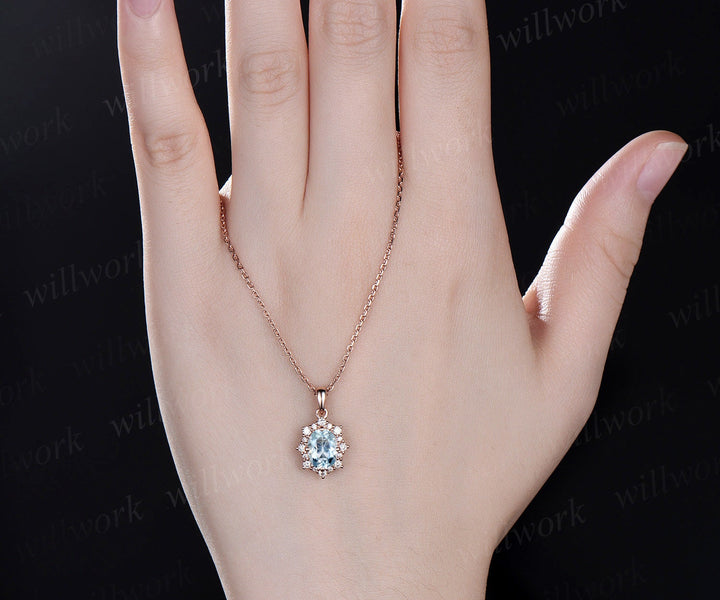 Vintage oval blue aquamarine necklace solid 14k 18k gold unique halo snowdrift diamond pendant women black stone anniversary gift jewelry