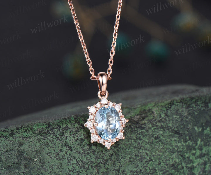 Vintage oval blue aquamarine necklace solid 14k 18k gold unique halo snowdrift diamond pendant women black stone anniversary gift jewelry