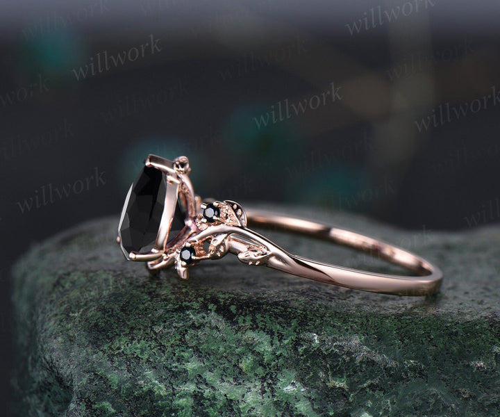 Pear black Onyx ring vintage art deco five stone black spinel ring twig leaf unique engagement ring women rose gold anniversary ring gift