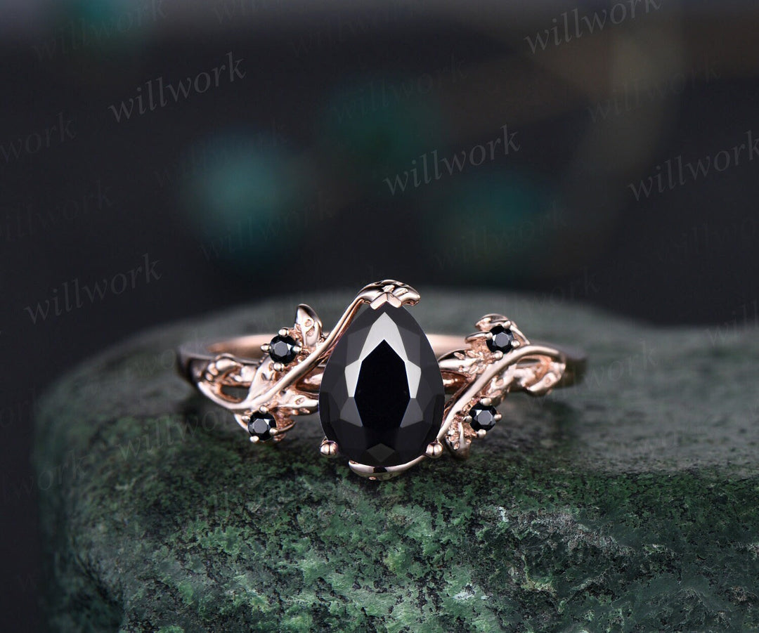 Pear black Onyx ring vintage art deco five stone black spinel ring twig leaf unique engagement ring women rose gold anniversary ring gift